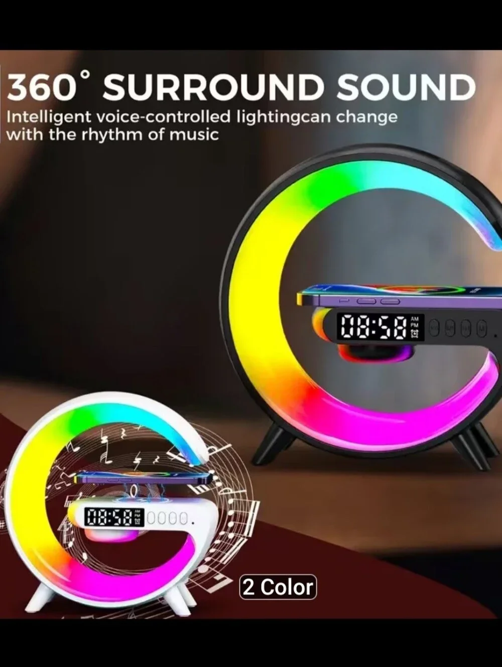 Black RGB Wireless Charging Alarm Clock with Bluetooth Speaker